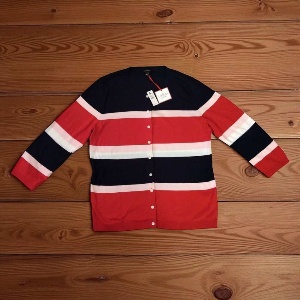 Talbots Red, White and Navy Striped Cardigan
